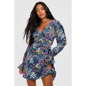 Boohoo Tall Floral V Neck Ruffle Skatee Dress in Navy Size 10 (US) NWT